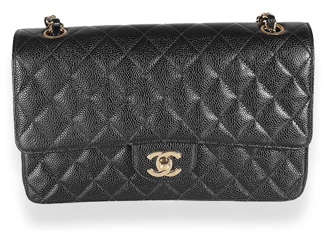 Timeless Bolsa Chanel Black Acolchoado Caviar Médio Clássico Forrado com Aba Preto Couro  ref.1395778