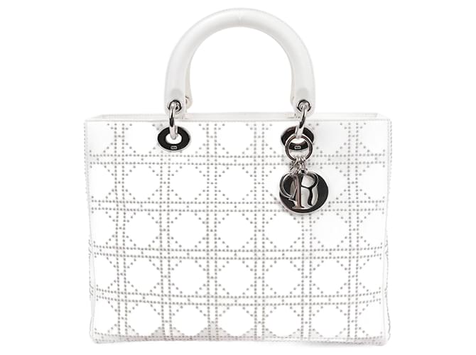 Borsa a mano a 2 vie Christian Dior Lady Dior Cannage in pelle x strass in bianco  ref.1395800