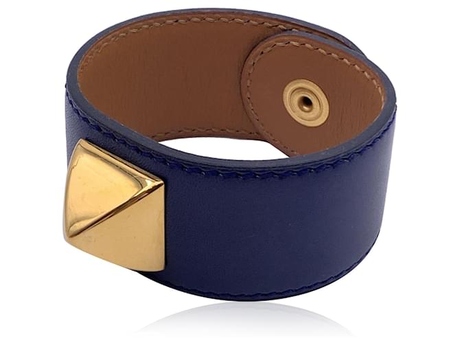 Hermès Bracelet Medor en cuir bleu Hermes Paris Métal doré  ref.1395973