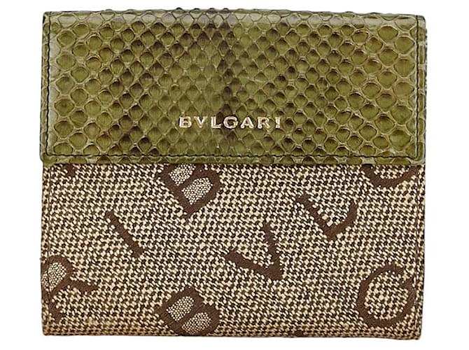 Bulgari Bvlgari Canvas Leather Logo Mania Bifold Wallet in Very Good Condition Green Cloth  ref.1396055