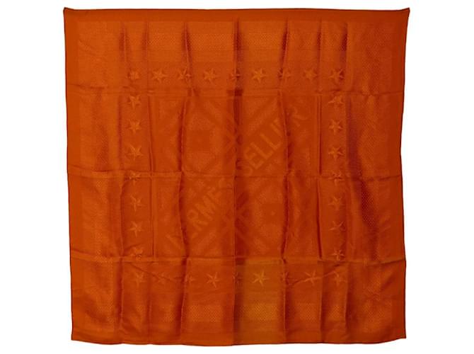 Hermès Écharpe en soie Hermes 88x86 SELLIER motif étoile en bon état Orange  ref.1396107