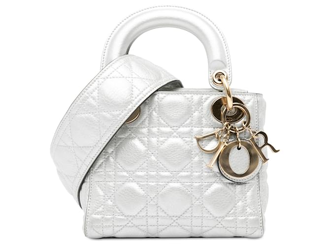 Dior Silber Mini Metallic Kalbsleder Cannage Supple Lady Dior Kalbähnliches Kalb  ref.1396580