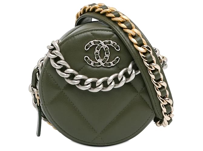 Clutch redondo 19 de piel de cordero verde Chanel con cadena Verde oliva Cuero  ref.1396600