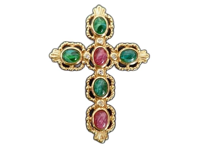 Christian Dior cross pendant Red Golden Green Gold-plated  ref.1396736