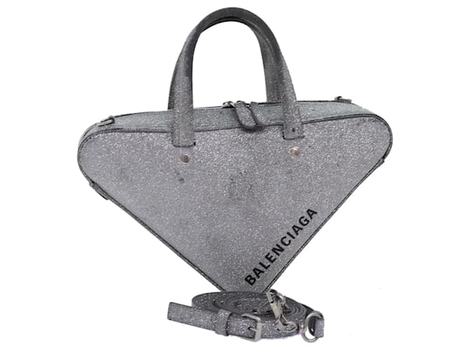 BALENCIAGA Triangle Duffle XS Hand Bag Leather 2way Silver 531048 Auth 74610 Silvery  ref.1396814