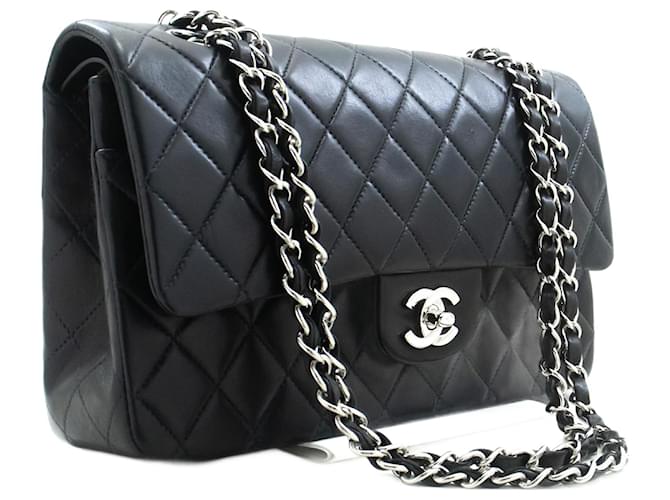 CHANEL Classic Double Flap 10" Silver Chain Shoulder Bag Black Lam Leather  ref.1396871
