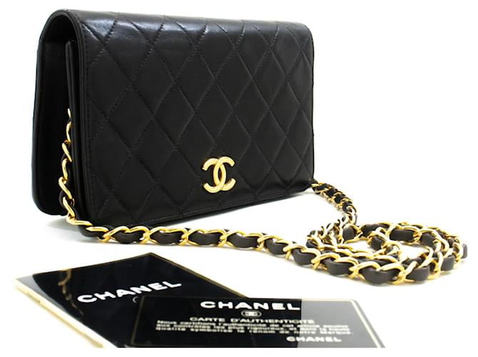 CHANEL Full Flap Bolsa de Ombro com Corrente Clutch Pele de Cordeiro Acolchoada Preta Preto Couro  ref.1396877