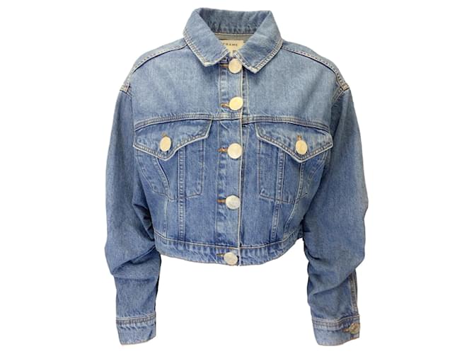 Autre Marque Frame Blue Ruched Sleeve Denim Jacket Cotton  ref.1397688