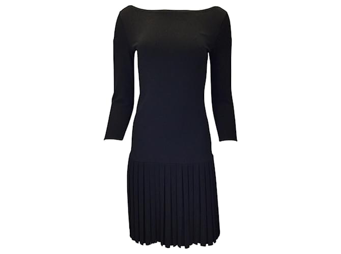 Autre Marque Ralph Lauren Collection Black Pleated Long Sleeved Merino Wool Knit Dress  ref.1397689