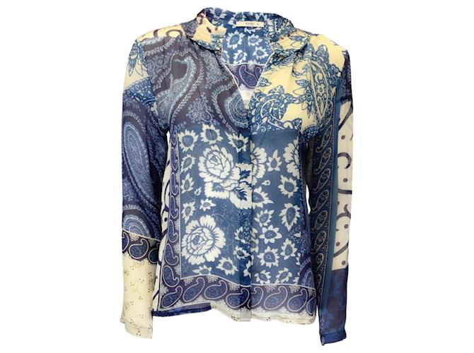 Autre Marque Etro Blau / Elfenbein bedruckte Bluse aus transparenter Seide mit langen Ärmeln  ref.1397690