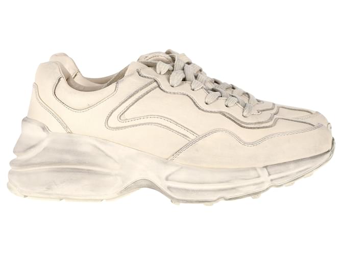 Gucci Distressed Rhyton Sneakers in White Leather Cream  ref.1398073