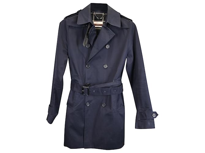 Sandro Double-Breasted Trench Coat in Navy Blue Cotton  ref.1398076