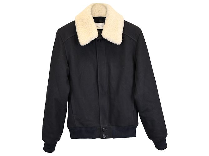 Sandro Heron Shearling Collar Jacket in Navy Blue Polyester
