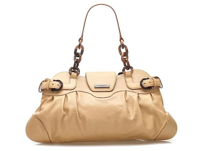 Salvatore Ferragamo Ferragamo Wood AU-21/6371 Borsa tote in pelle beige Ferragamo 【】<br> Regalo domani in ottime condizioni  ref.1398222