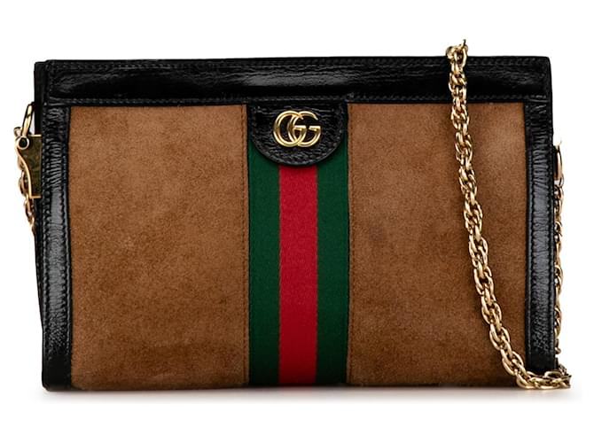 Gucci Brown Small Suede Ophidia Web Chain Crossbody Leather Patent leather  ref.1398575