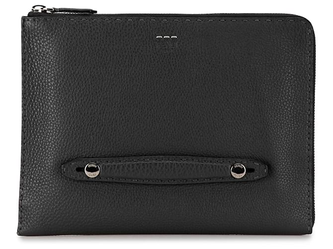 Fendi Black Leather Selleria Clutch Pony-style calfskin  ref.1398601