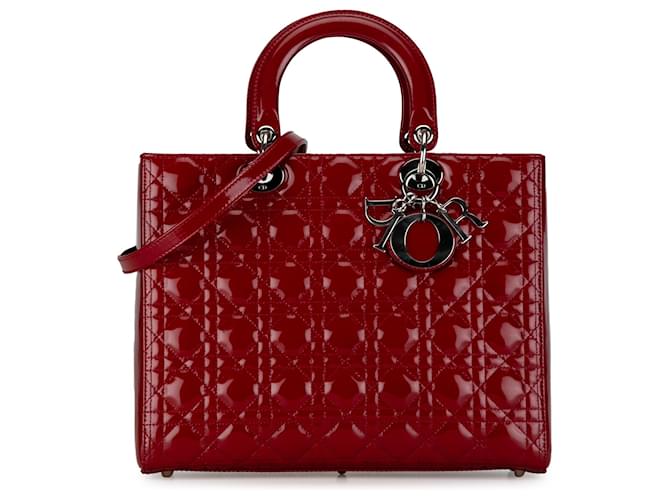 Dior Rosso Grande Vernice Cannage Lady Dior Bordò Pelle Pelle verniciata  ref.1398604