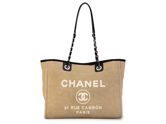 Bolsa Chanel Marrom Pequena Lona Deauville Marrom Bege Pano  ref.1398615