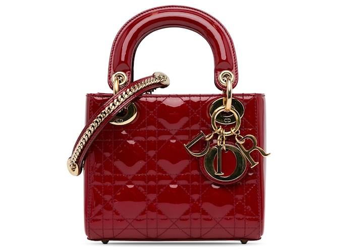 Dior Rouge Mini Verni Cannage Lady Dior Cuir Cuir vernis  ref.1398618