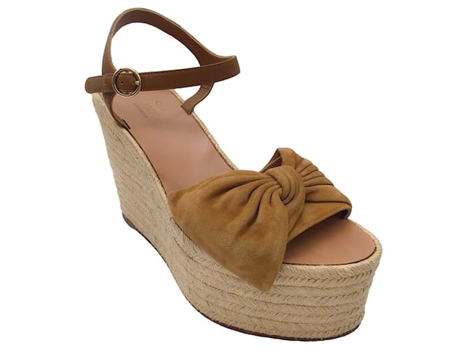 Autre Marque Valentino Ochre Brown Suede calf leather Tropical Bow Espadrille Platform Wedge Sandals  ref.1399742