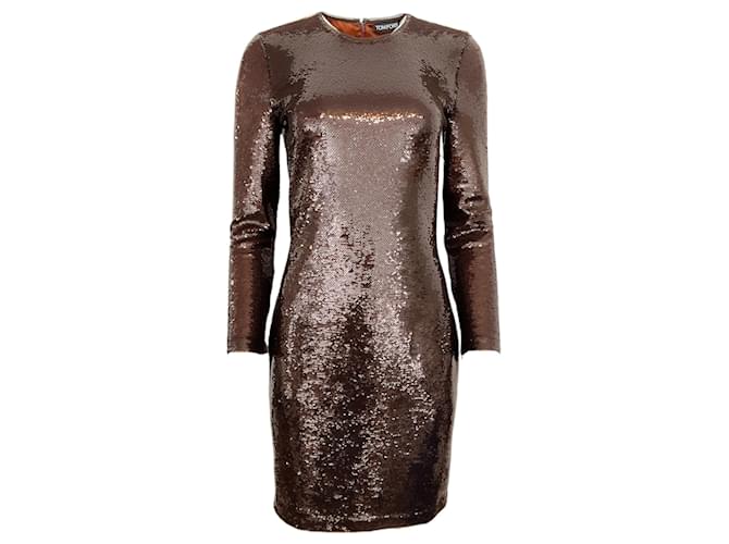 Autre Marque Tom Ford Brown Long Sleeve Sequined Dress Polyester  ref.1399744