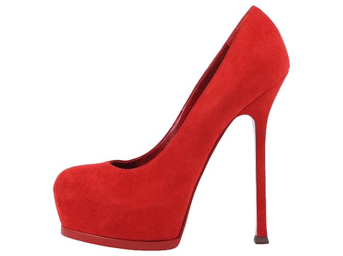 SAINT LAURENT Tribute Two Red Suede Pumps in size 37.5 eu  ref.1399749