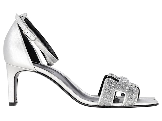 Hermès Sandalias Hermes Premiere en piel plateada Plata Metálico Cuero  ref.1399966