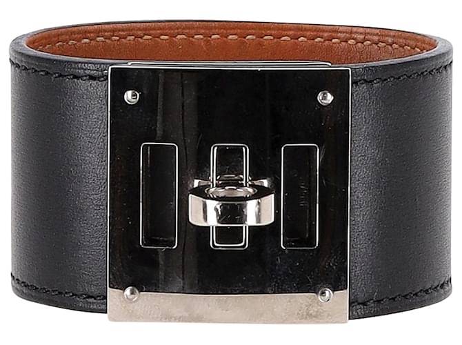 Hermès palladiumbeschichtetes Armband „Kelly Dog“ von Hermès aus schwarzem Kalbsleder. Kalbähnliches Kalb  ref.1399978