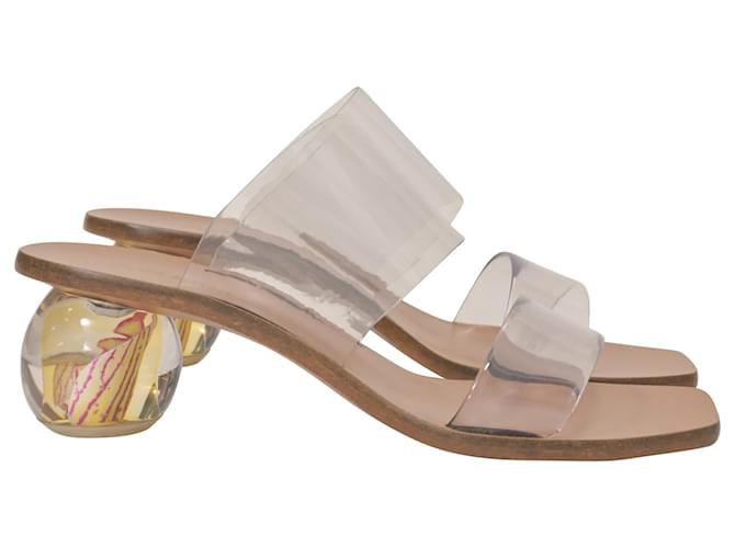 Cult Gaia Jila Floral Sandals in Transparent Vinyl and Brown Leather White Plastic  ref.1399996