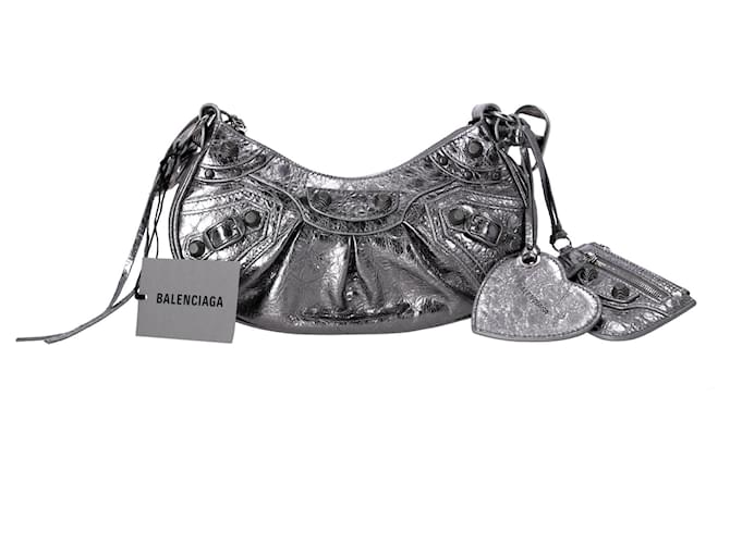 Bolsa de ombro Balenciaga Le Cagole XS em couro de cordeiro prateado metálico Prata  ref.1400023