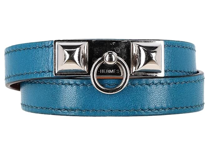 Bracelet Hermès Rivale doublé Tour Plaqué Palladié en Cuir Bleu  ref.1400034