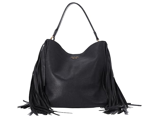 Bolsa hobo Prada Cervo Fringe em couro Vitello Daino preto  ref.1400041