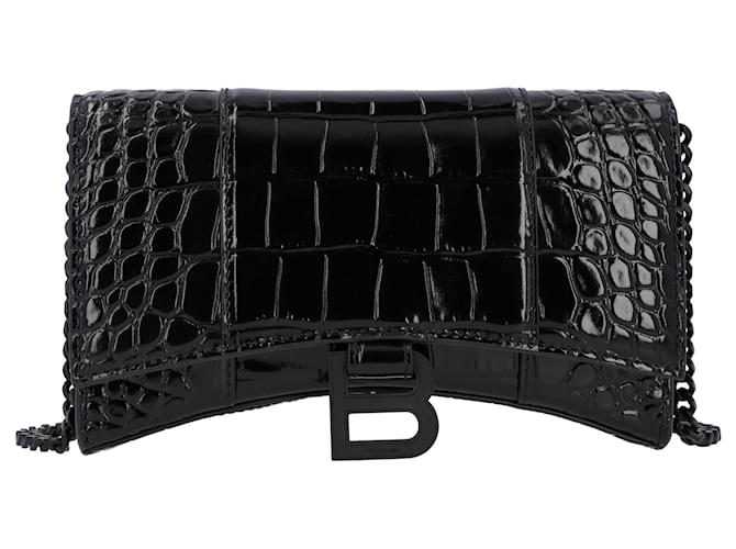Balenciaga Portefeuille Hourglass sur chaîne en crocodile embossé noir et matériel noir Cuir Veau façon poulain  ref.1400083