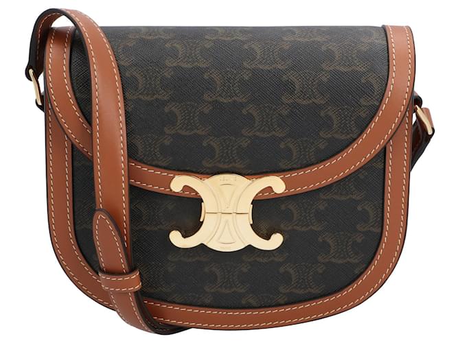 Céline Celine Besace Clea en toile Triomphe et cuir de veau monogramme gris marron Veau façon poulain  ref.1400088