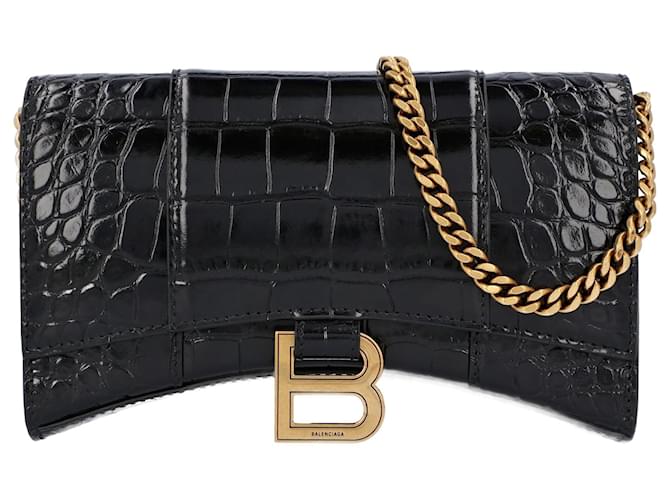 Balenciaga Portefeuille Hourglass sur chaîne en crocodile embossé noir et matériel doré Cuir Veau façon poulain  ref.1400089
