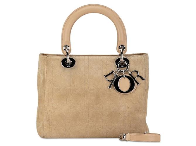 Sac à main Cannage Lady Dior en cuir suédé Dior en très bon état Beige  ref.1400168