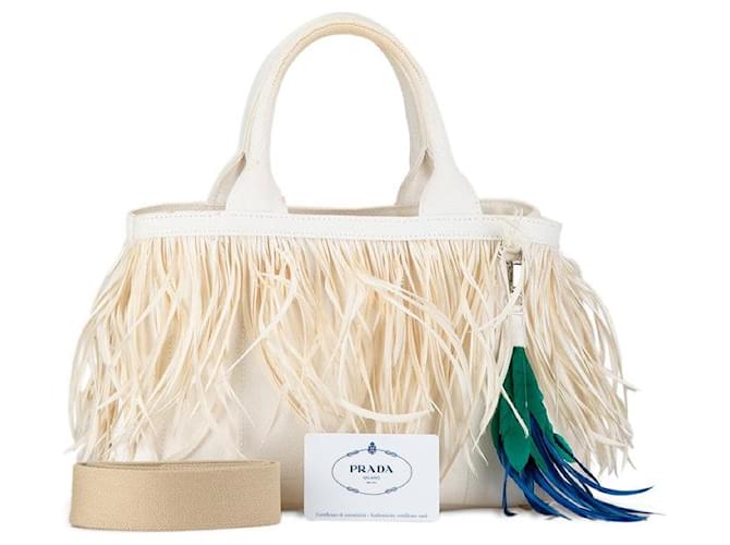 Bolsa de mão mini Prada Canapa Fringe 1BG439 em muito bom estado Branco Lona  ref.1400188