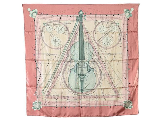 Écharpe Hermès en soie 88 cm x 88 cm Carré 90 Musique des Sphères en très bon état Coton Rose  ref.1400198