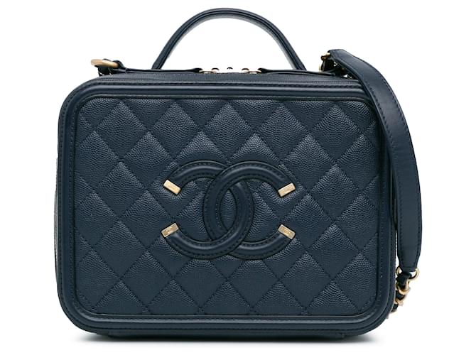 Vanity Chanel Blauer mittelgroßer Caviar CC Kosmetikkoffer mit Filigranmuster Marineblau Leder  ref.1400315