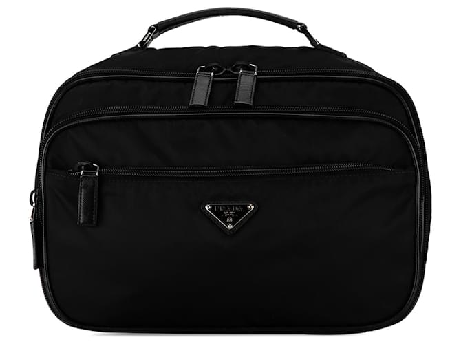 Prada Black Saffiano Trimmed Tessuto Vanity Bag Leather Nylon Cloth  ref.1400376