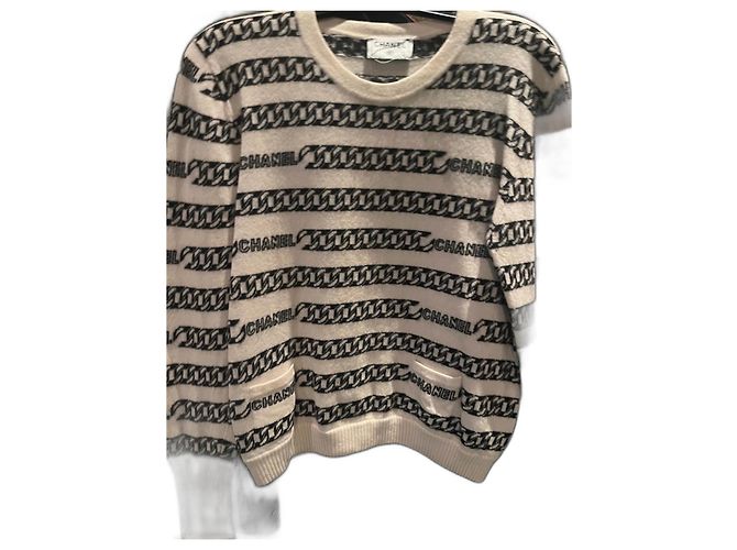 Chanel Kaschmir Pullover und Hose Set mit Kettenmuster Schwarz Beige