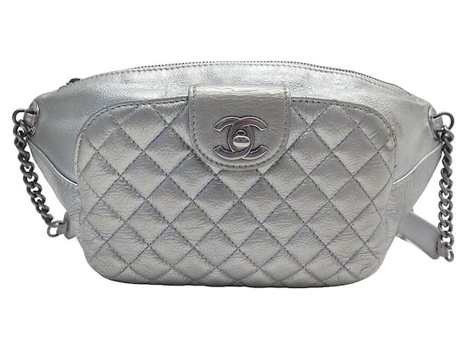 CHANEL BANANA HANDBAG QUILTED LEATHER TIMELESS CLASP SILVER BELT BAG Silvery  ref.1400407