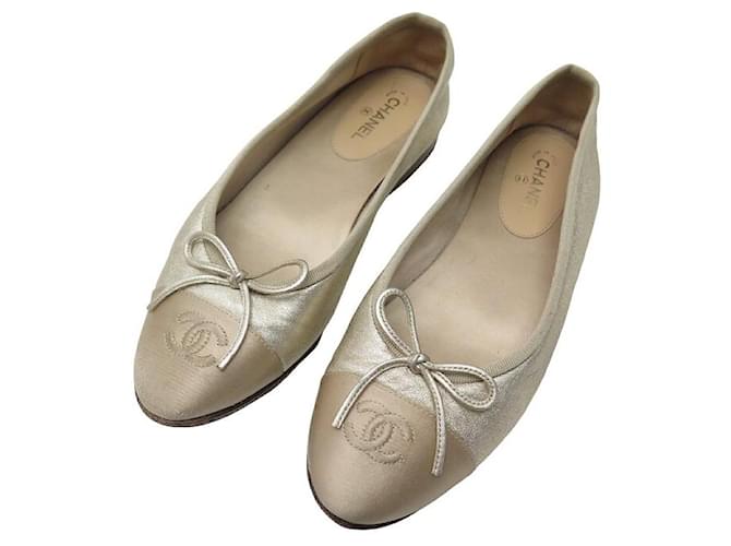 CHANEL LOGO CC G BALLERINAS SHOES02819 37 IRISE LEATHER GOLD CANVAS SHOES Golden  ref.1400426