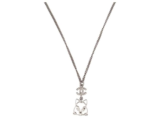 CHANEL NECKLACE CHAIN CHOUPETTE CAT PENDANT STRASS COLLECTOR 60 NECKLACE Silvery Metal  ref.1400430