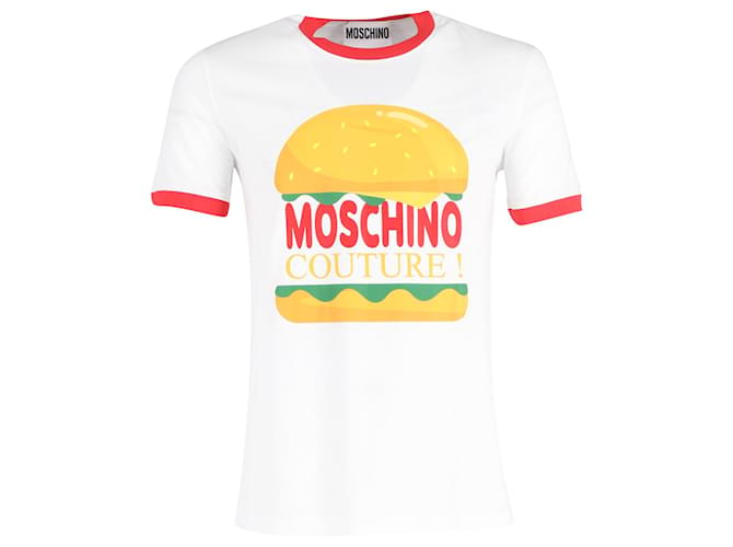 Camiseta con cuello redondo y estampado de hamburguesas de algodón blanco de Moschino Couture  ref.1400445