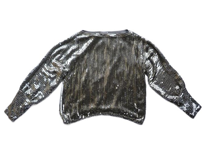 Blusa Dior in seta con paillettes e perle metalliche argento