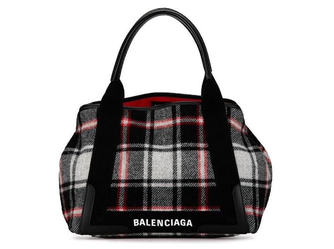 Balenciaga Wool Leather Navy Cabas M Check Handbag Tote 339933 in Great Condition Red Cloth  ref.1401479