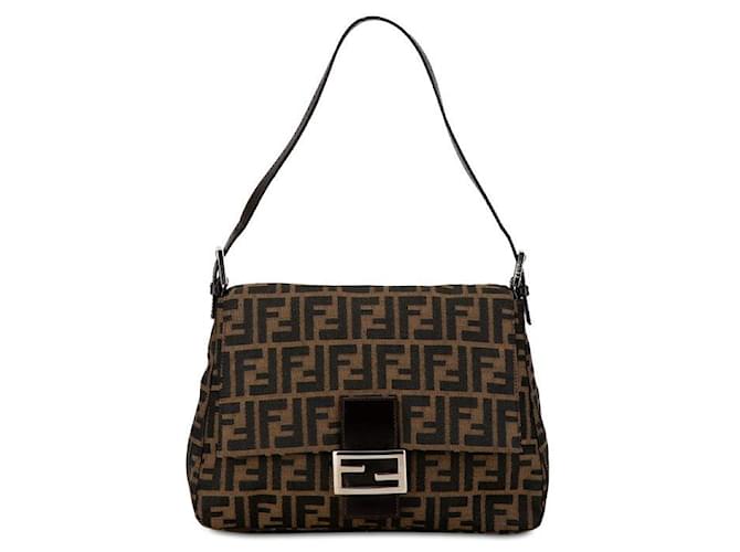 Bolsa de ombro de couro de lona Fendi Zucchino Mamma Bucket em muito bom estado Marrom  ref.1401490