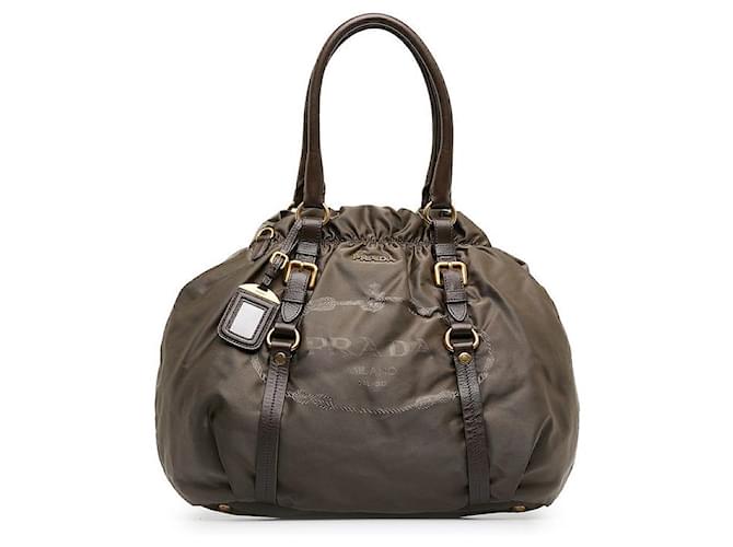 Prada Nylon Leather Logo Jacquard Tote Bag BR4258 in Great Condition Brown Cloth  ref.1401521