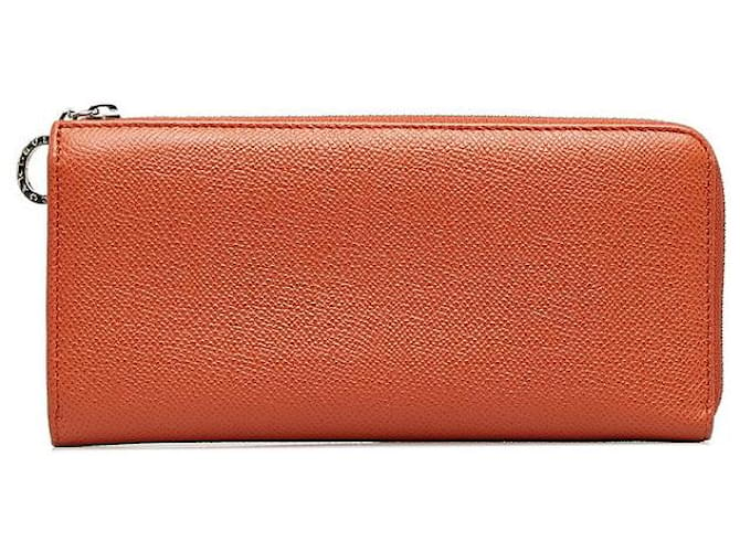 Bulgari Bvlgari Orange Calf Leather Round Zipper Long Wallet in Very Good Condition  ref.1401545